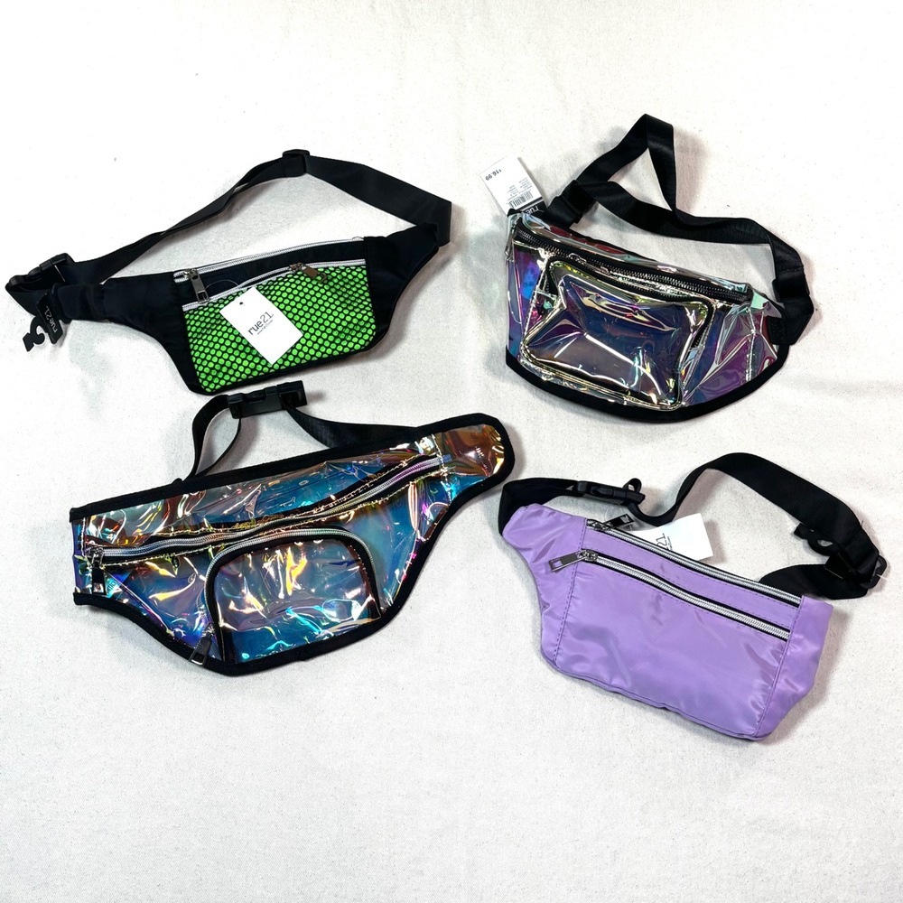 Rue21 Holographic Iridescent Clear Green Purple Fanny Packs 90s Vibes Set of 4